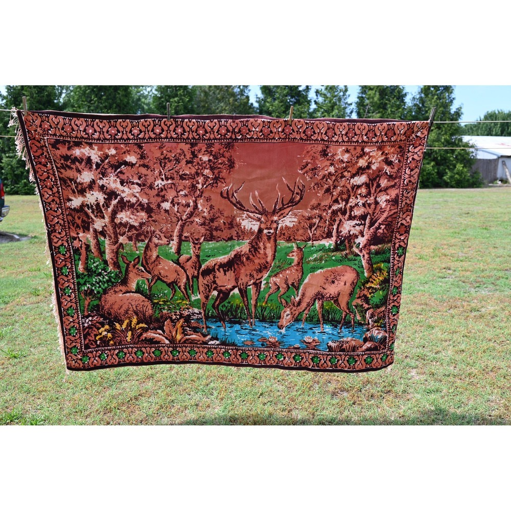 Vintage Deer Velvet Tapestry Wall Hanging Mid Century Modern MCM Brown 69x48.5